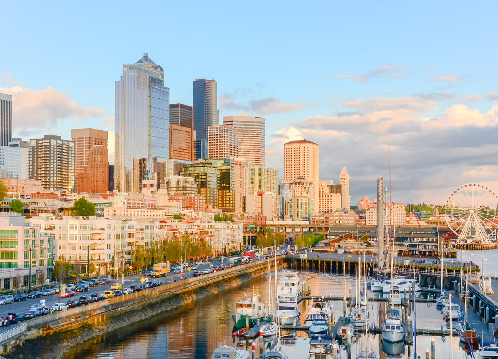 Beautiful view of Seattle waterfront and skyline at sunset