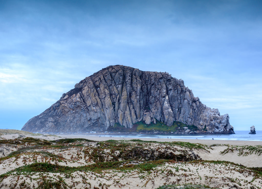 Morro Rock with Sandy Dunes of Morro Creek Beach. Morro Bay, San Luis Obispo County, California, USA