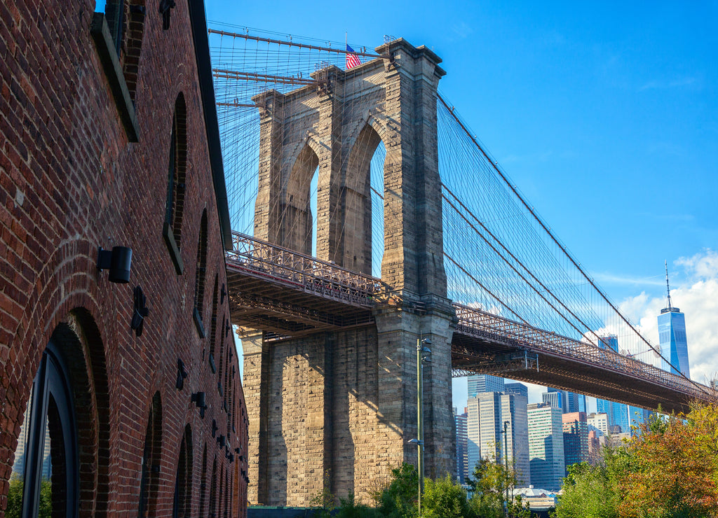 Brooklyn Bridge in sunny day taken from Brooklyn Bridge Park, New York City