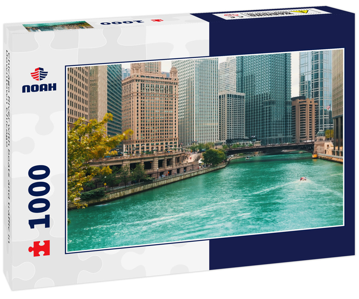 Chicago River with boats and traffic in Downtown Chicago