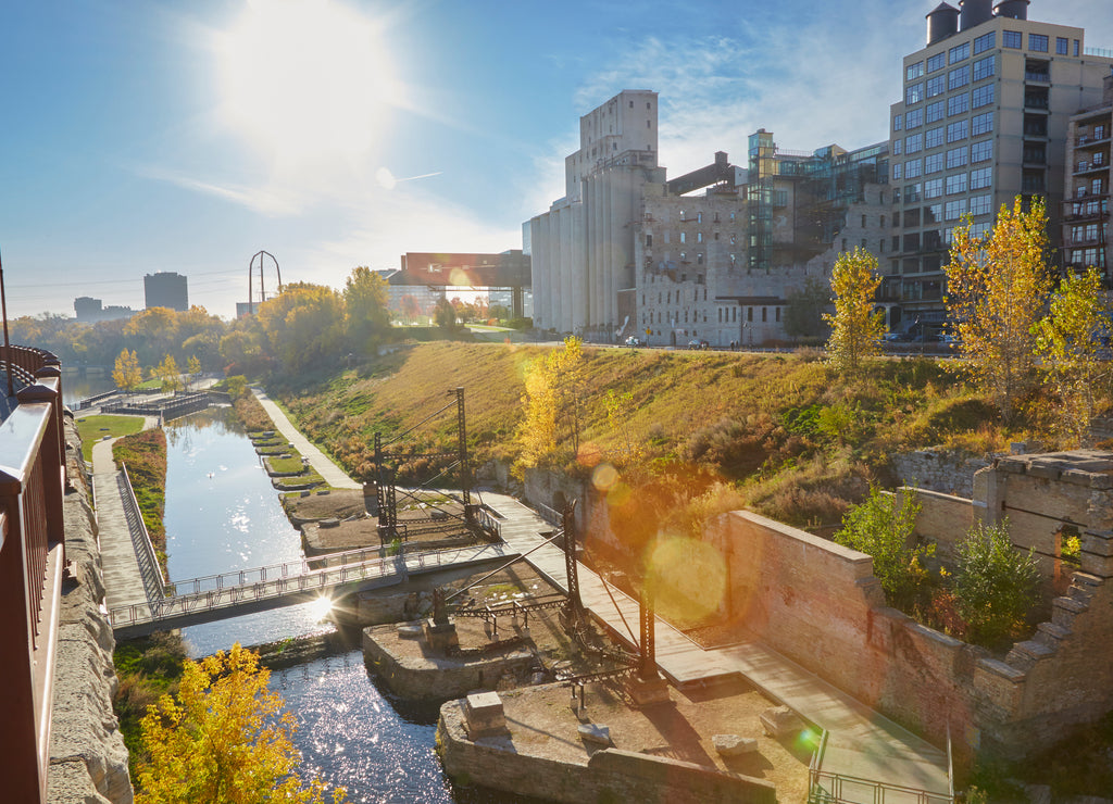 Mississippi River running through the historic Mill Ruins in Minneapolis Minnesota