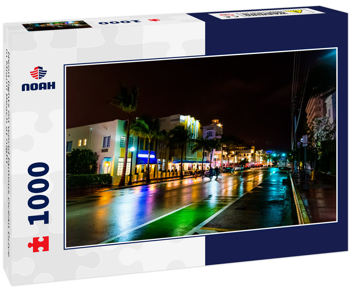 Neon lights on world famous Ocean Drive in Miami Beach at night