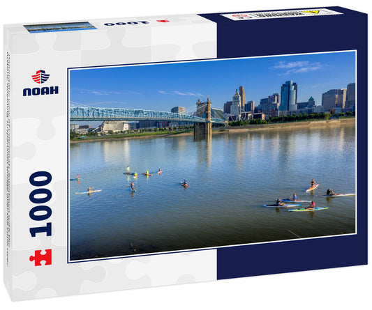 Panoramic view of Cincinnati downtown with the historic Roebling suspension bridge over the Ohio river