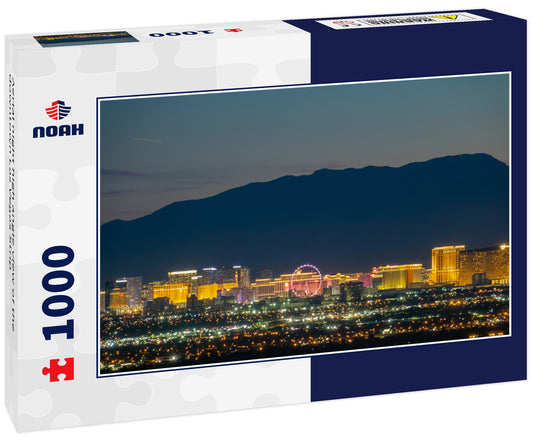 Aerial night high angle view of the downtown Las Vegas Strip