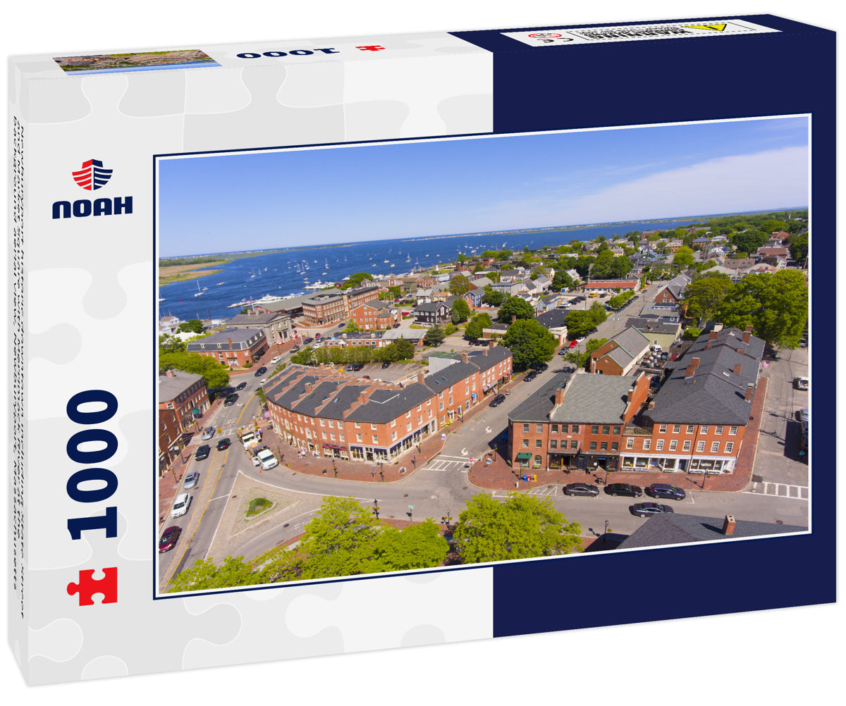 Newburyport historic downtown including State Street and Market Square with Merrimack River at the background aerial view, Newburyport, Massachusetts