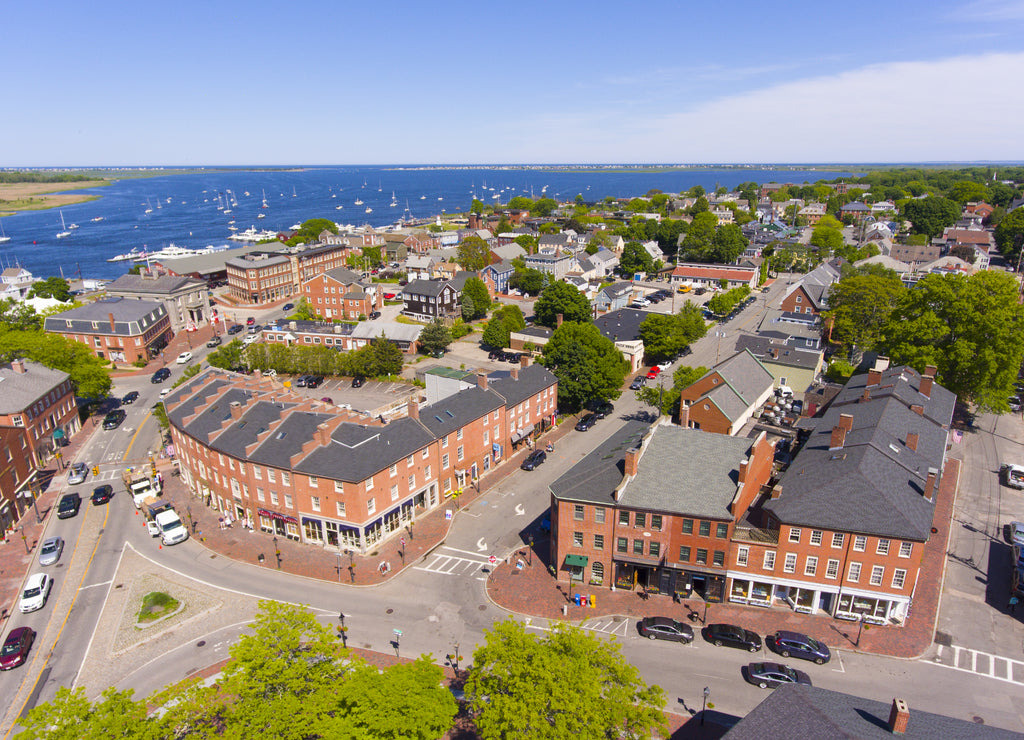 Newburyport historic downtown including State Street and Market Square with Merrimack River at the background aerial view, Newburyport, Massachusetts