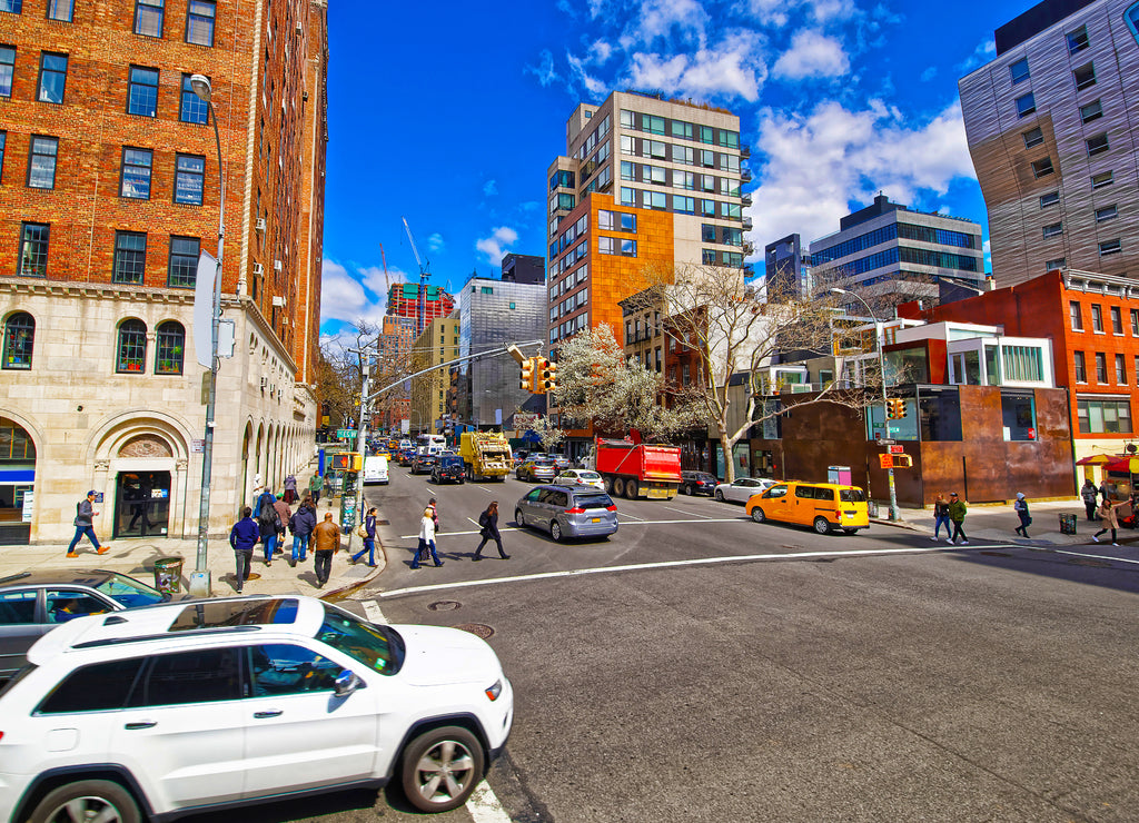 Cars on Street in Financial District at Lower and Downtown Manhattan, New York of USA