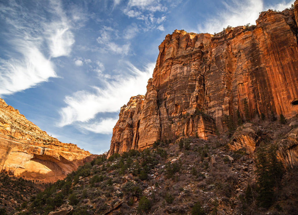 Red rocky mountains of Zion National Park, an American national park located in southwestern Utah near the town of Springdale