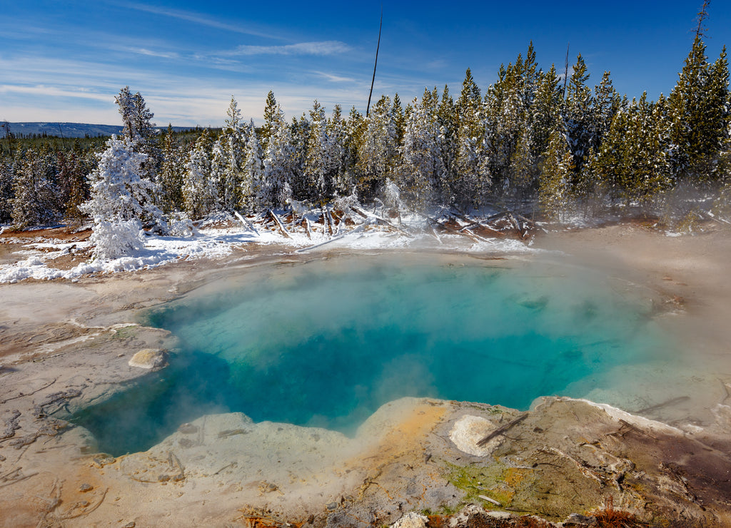 Emerald Spring at Norris Geyser Basin trail area, during winter in Yellowstone National Park, Wyoming