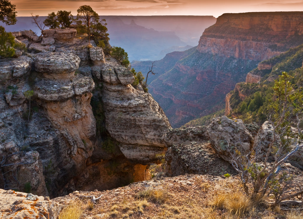 Cocina Limestone Outcroppings Near Maricopa Point with Cheops Pyramid in the Distance, South Rim, Grand Canyon NP, Arizona