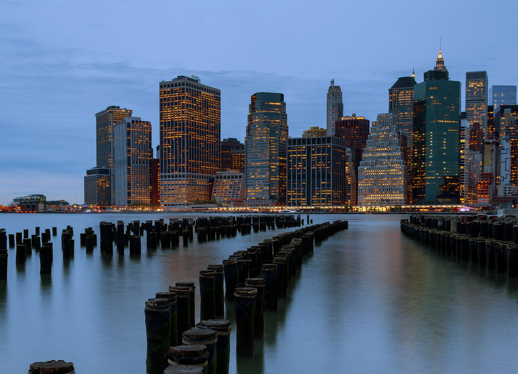 New York City. Manhattan downtown skyline skyscrapers in dusk evening