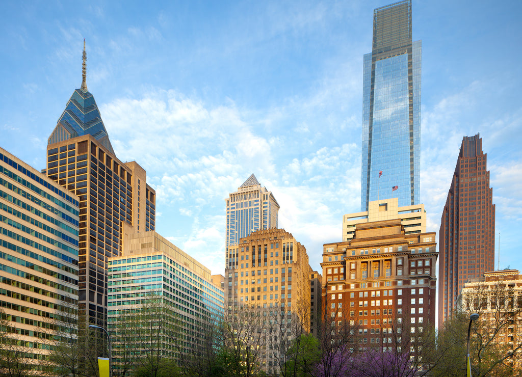 Skyline of modern buildings at downtown from Rittenhouse Square, Philadelphia, Pennsylvania, United States