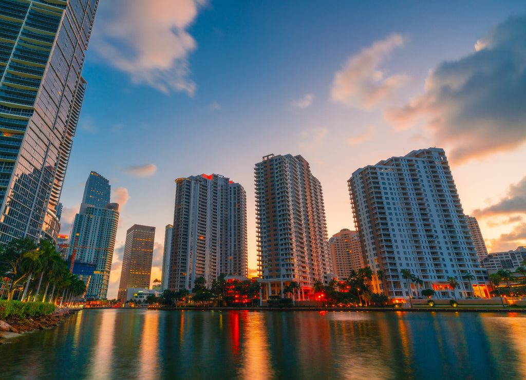 Miami Florida Brickell key skyline at sunrise