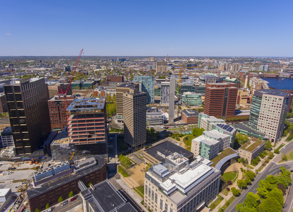 Cambridge city center aerial view from Charles River, Cambridge, Massachusetts MA, USA