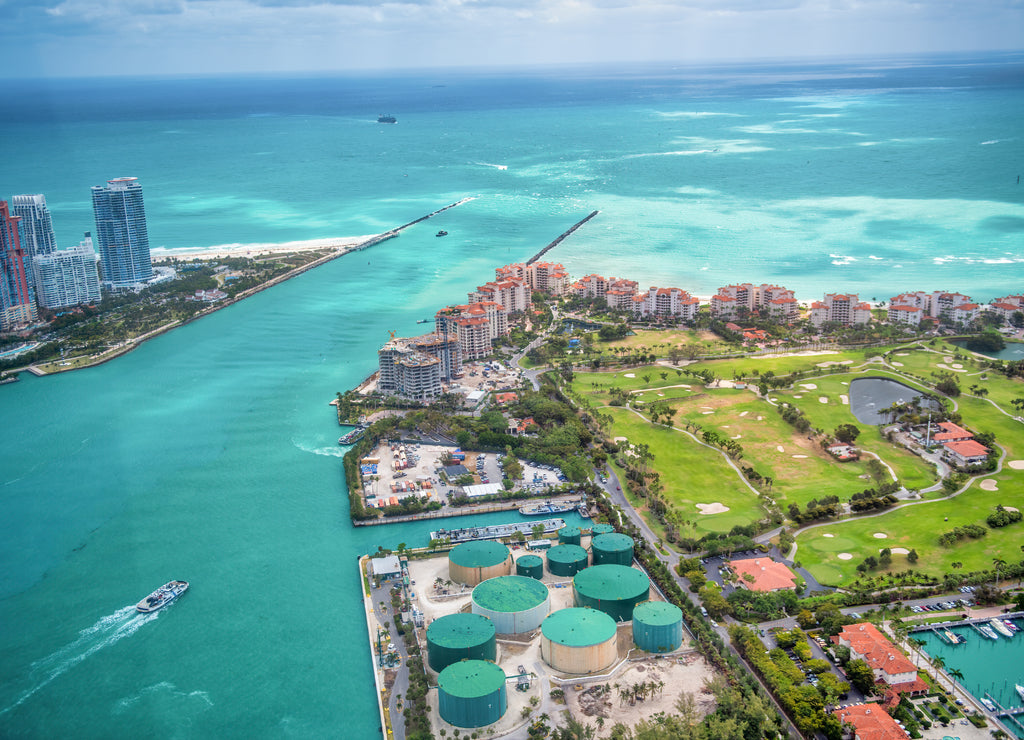 Fisher Island and South Pointe Park, aerial view. Miami, Florida