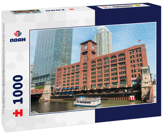 View of Reid Murdoch Building with clock from below by the Chicago river, Illinois, USA