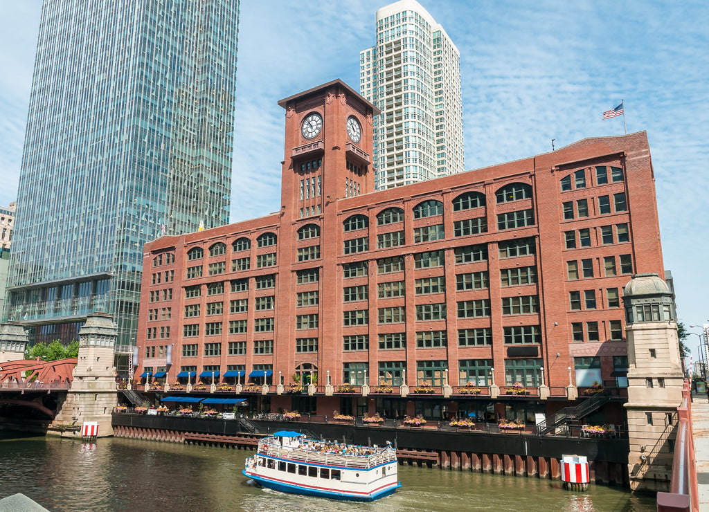 View of Reid Murdoch Building with clock from below by the Chicago river, Illinois, USA