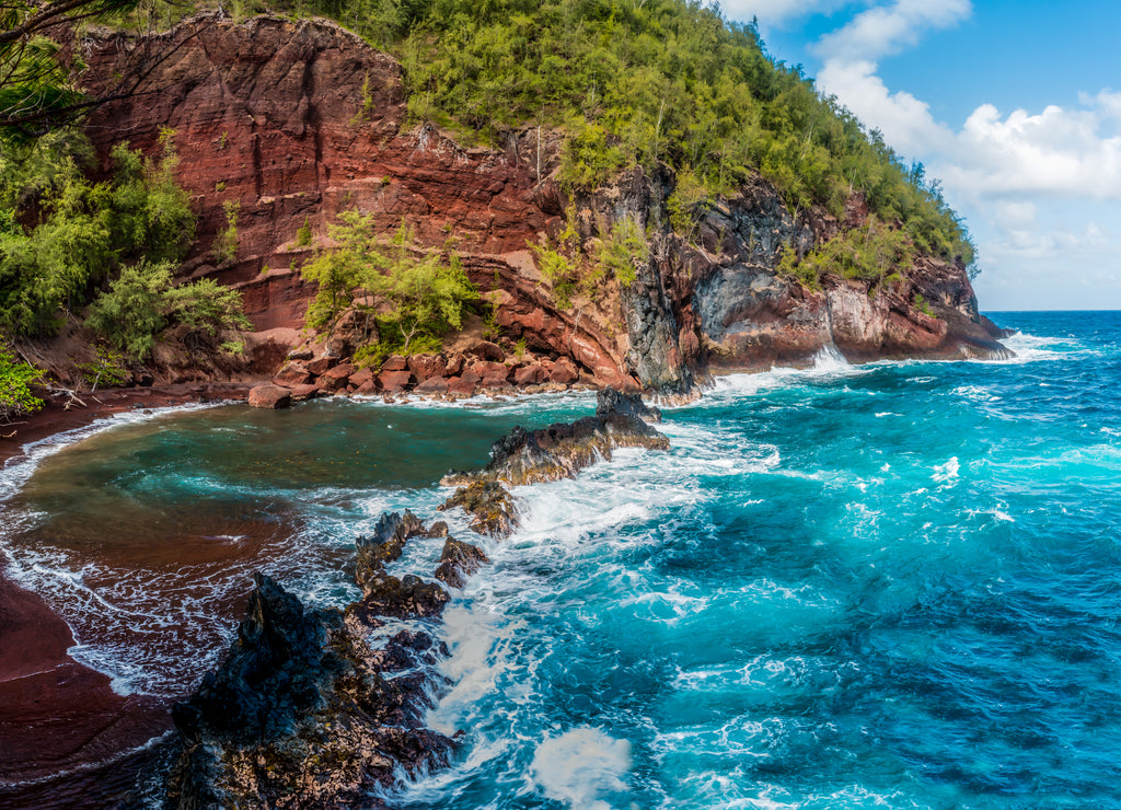 Red Sand And Blue Waves of Kaihalulu Beach, Hana, Maui, Hawaii