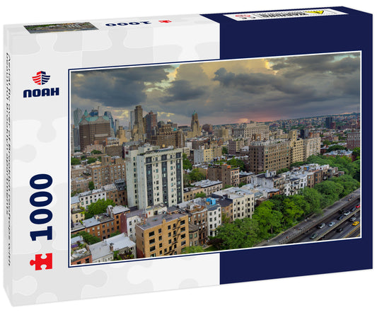 Aerial fly over of Brooklyn rooftops with beautiful Brooklyn apartments