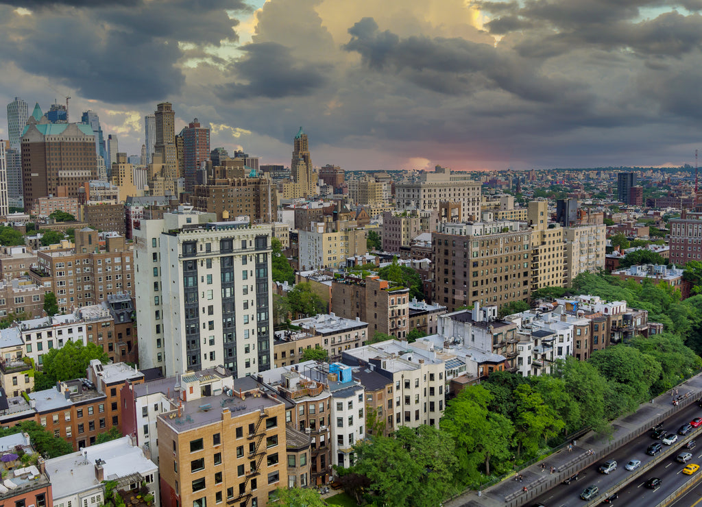 Aerial fly over of Brooklyn rooftops with beautiful Brooklyn apartments
