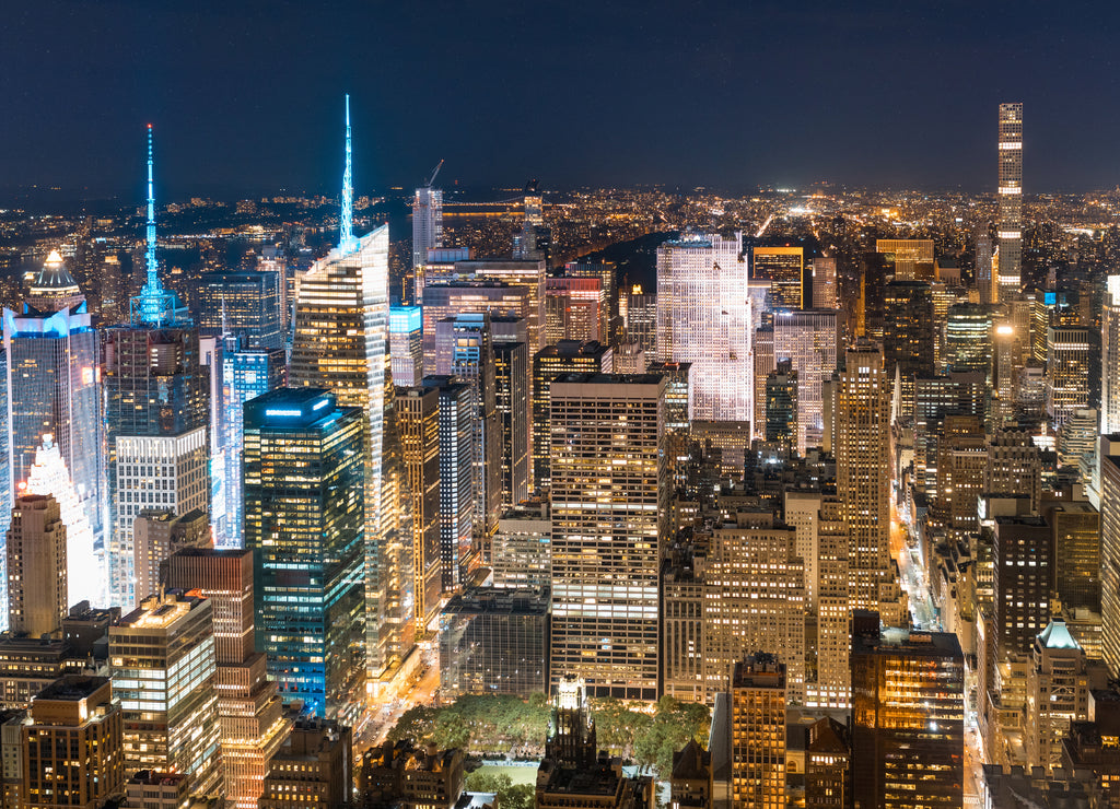 New York aerial view at night, cityscape from helicopter