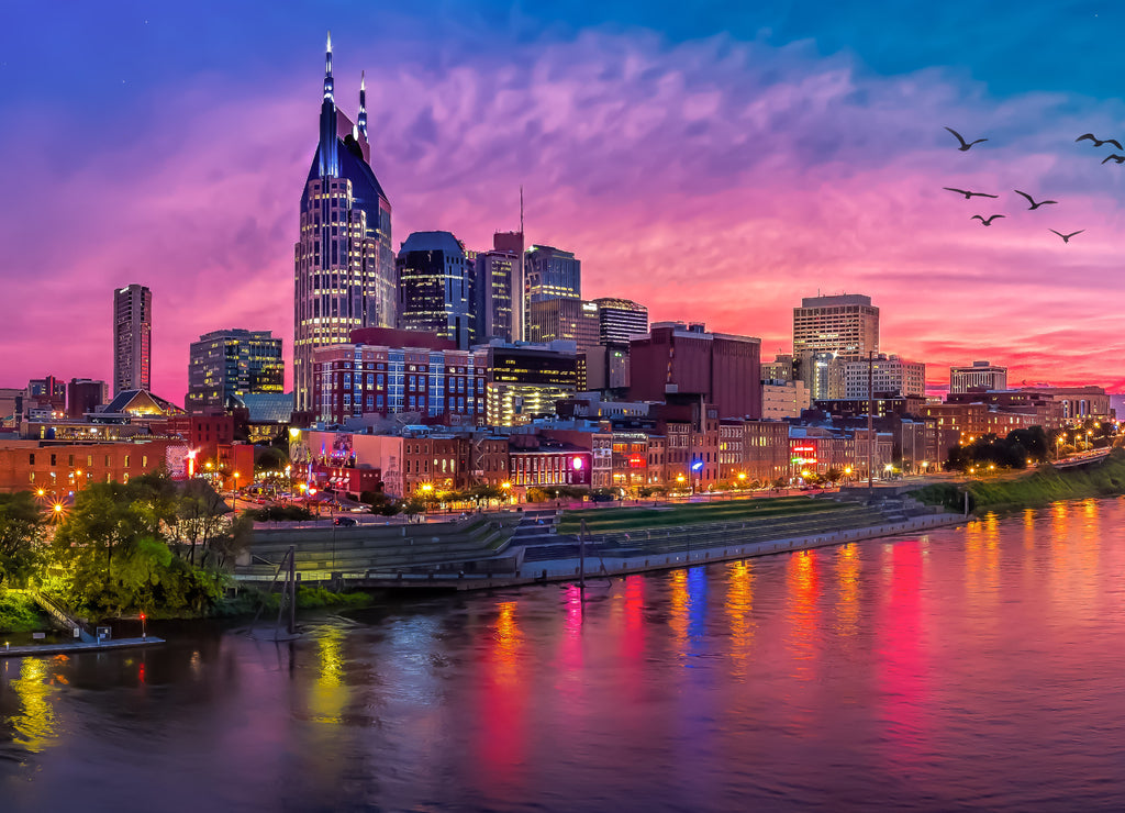 Nashvile Tennessee skyline with red sunset and birds
