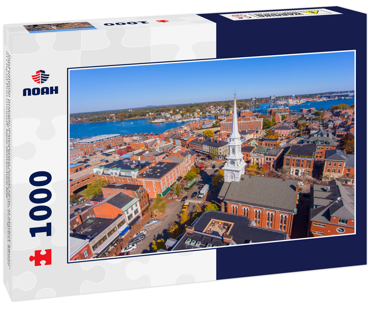 Portsmouth historic downtown aerial view at Market Square with historic buildings and North Church on Congress Street in city of Portsmouth, New Hampshire NH