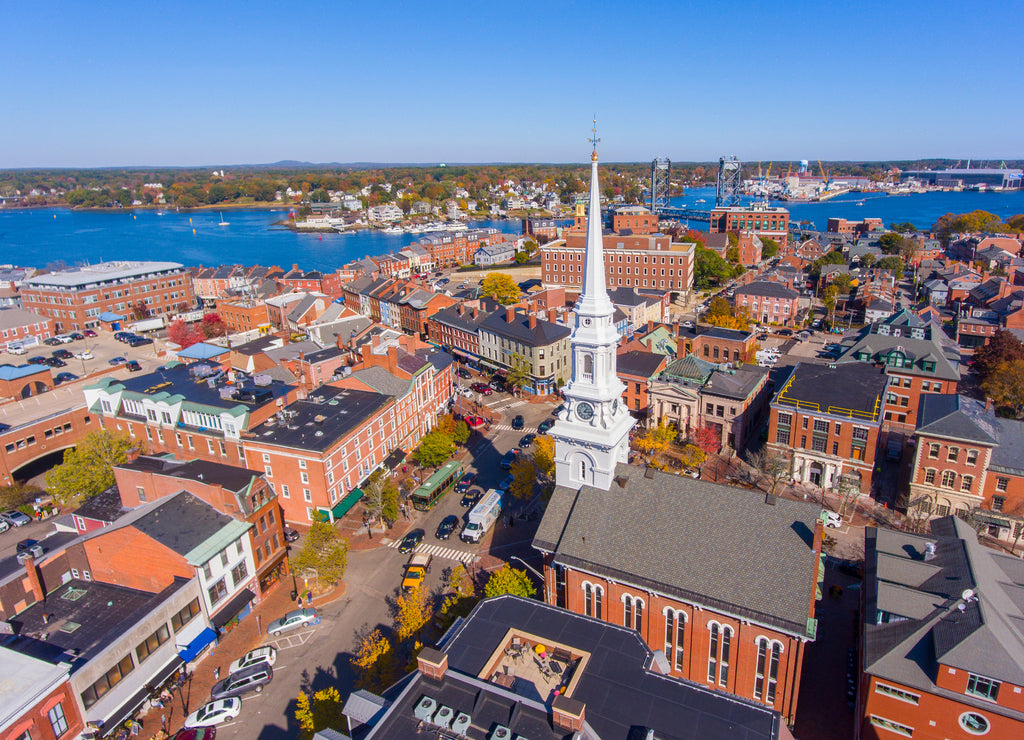 Portsmouth historic downtown aerial view at Market Square with historic buildings and North Church on Congress Street in city of Portsmouth, New Hampshire NH