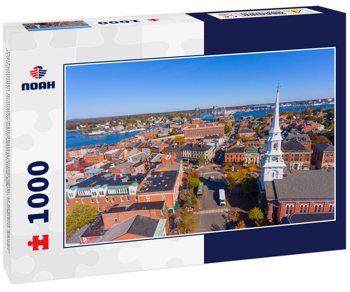 Portsmouth historic downtown aerial view at Market Square with historic buildings and North Church on Congress Street in city of Portsmouth, New Hampshire NH