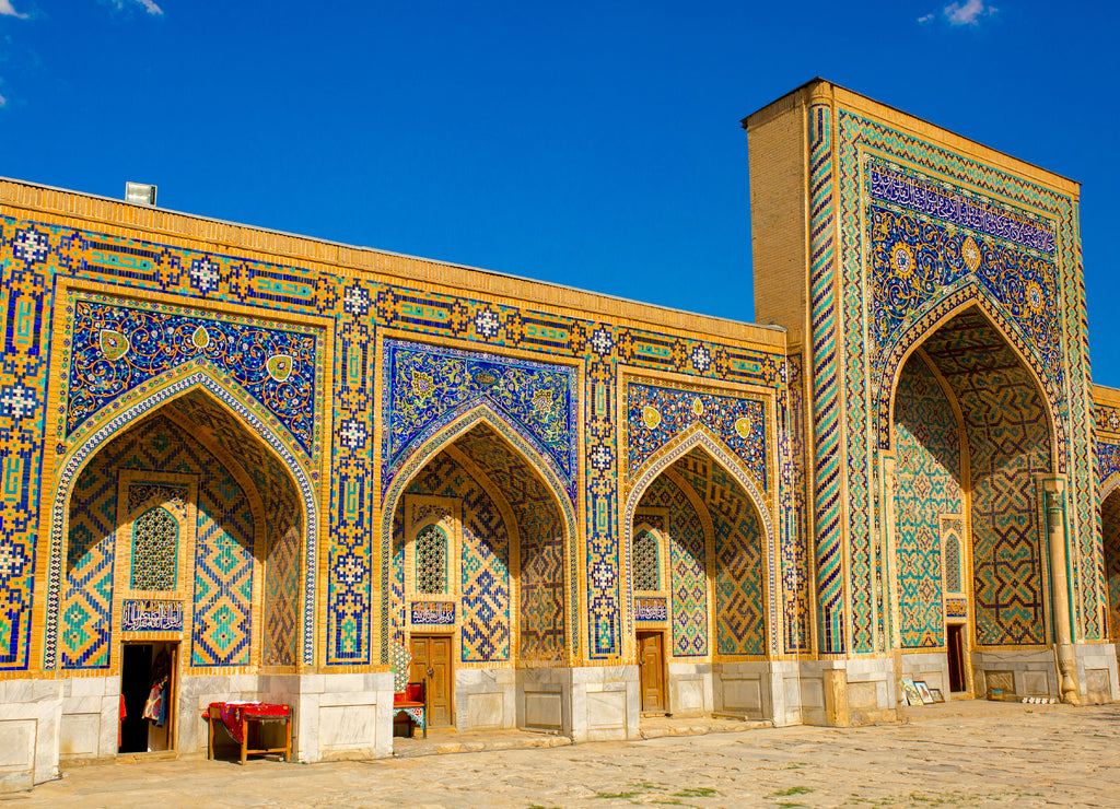 Beautiful facade of the Registan mosque building in Uzbekistan tourist city of Samarkand ancient Muslim buildings of the XV-XVII centuries