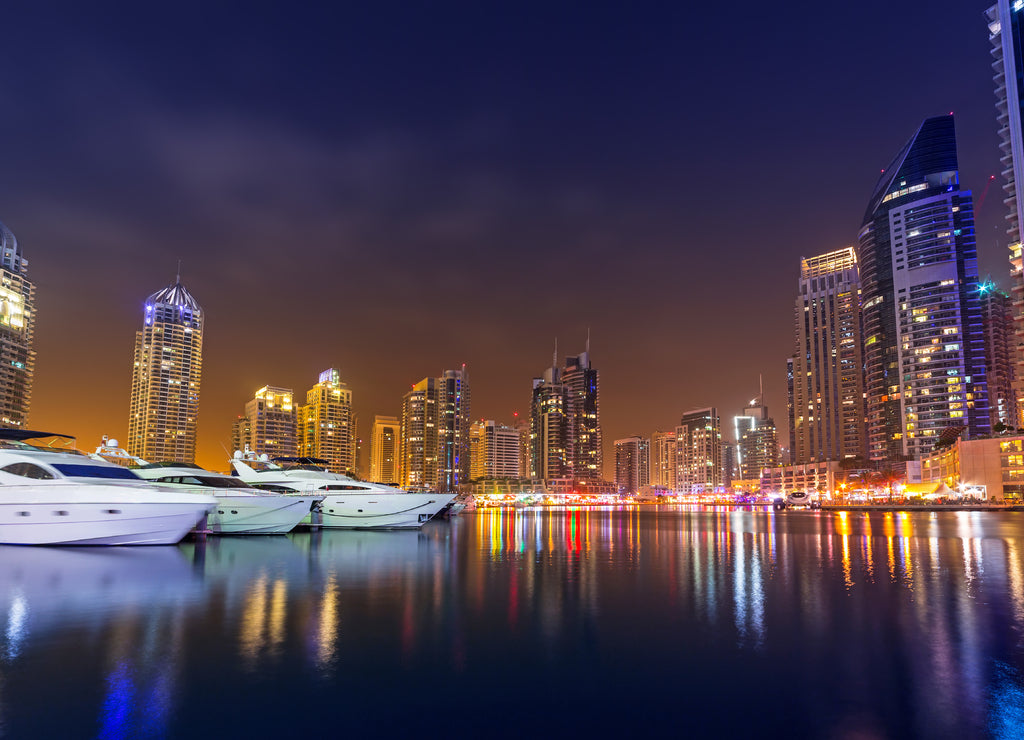 Cityscape of Dubai Marina at night, United Arab Emirates