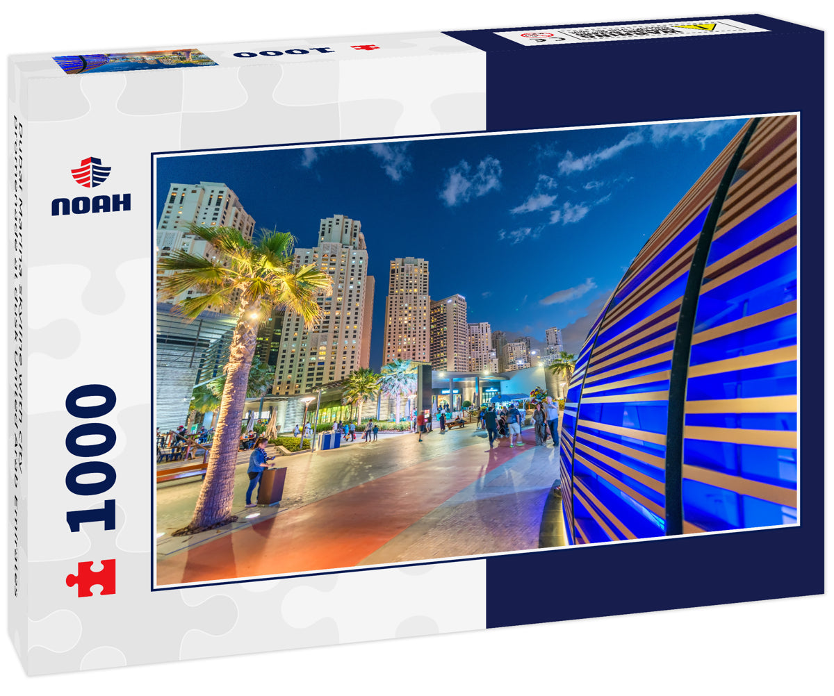 Dubai Marina skyline with city promenade at dusk United Arab Emirates