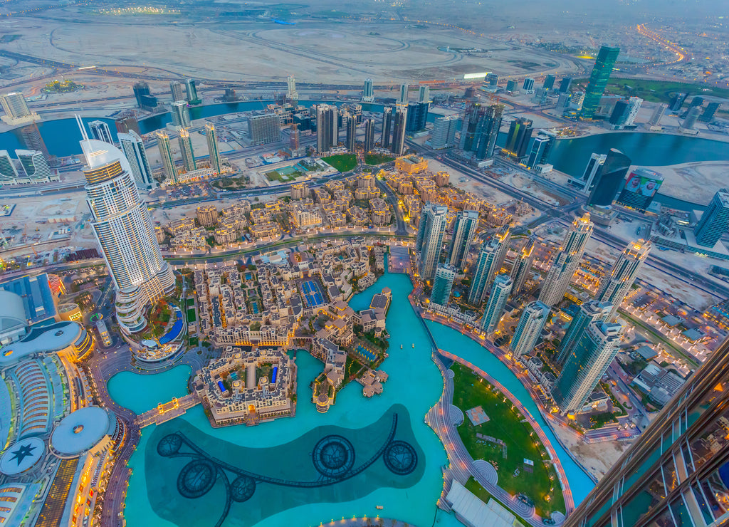 Aerial view of Downtown Dubai at the sunset United Arab Emirates