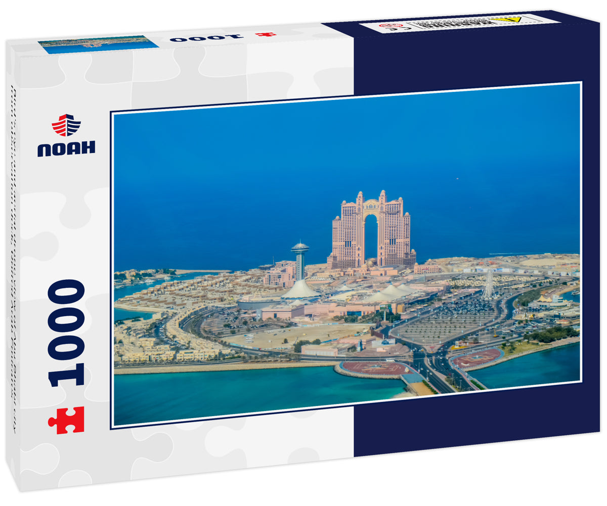 Bird's eye and aerial drone view of Abu Dhabi city from observation deck, United Arab Emirates