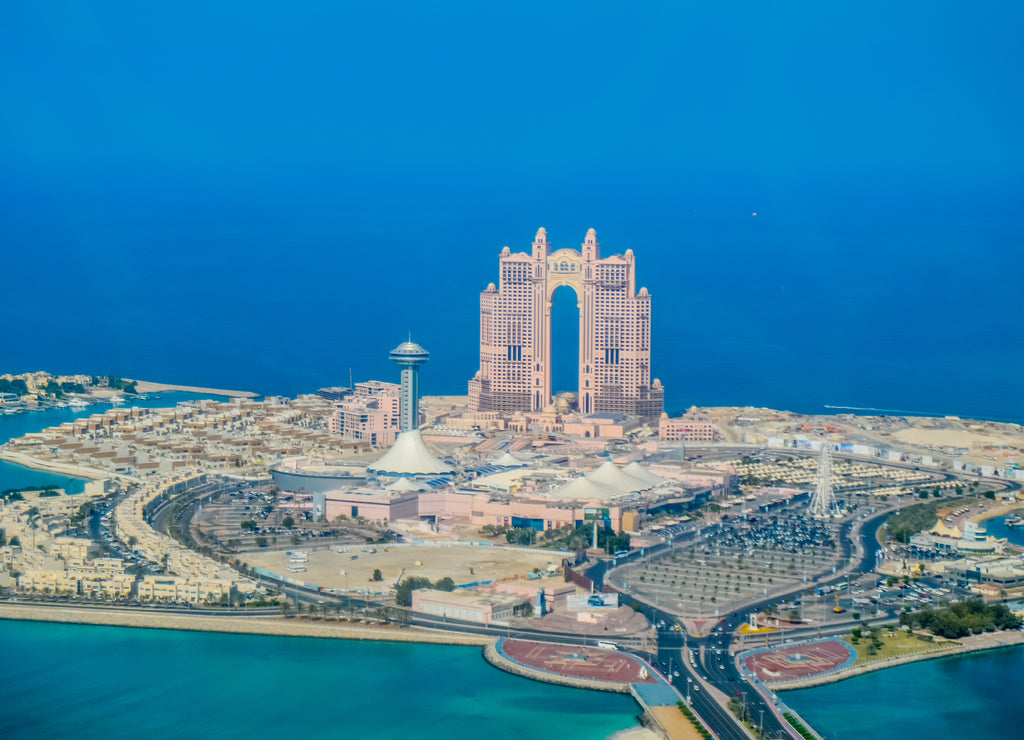 Bird's eye and aerial drone view of Abu Dhabi city from observation deck, United Arab Emirates