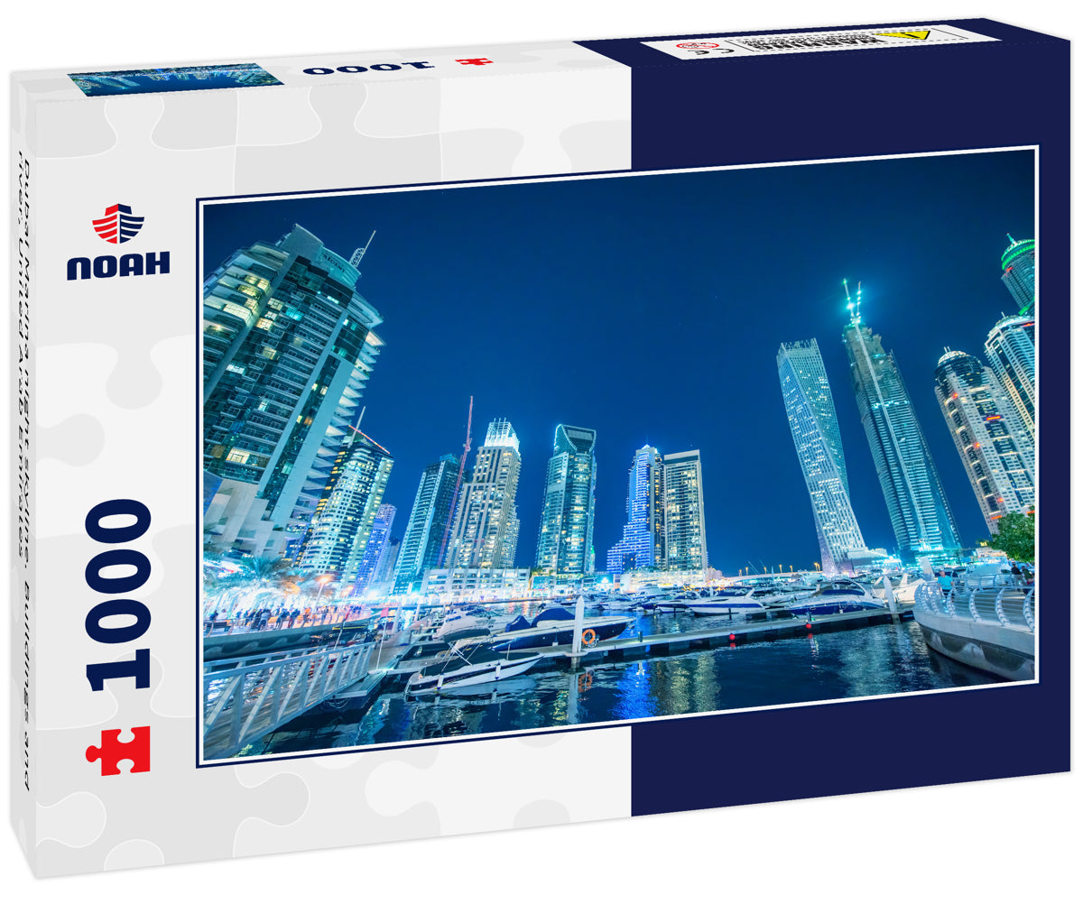 Dubai Marina night skyline. Buildings and river, United Arab Emirates