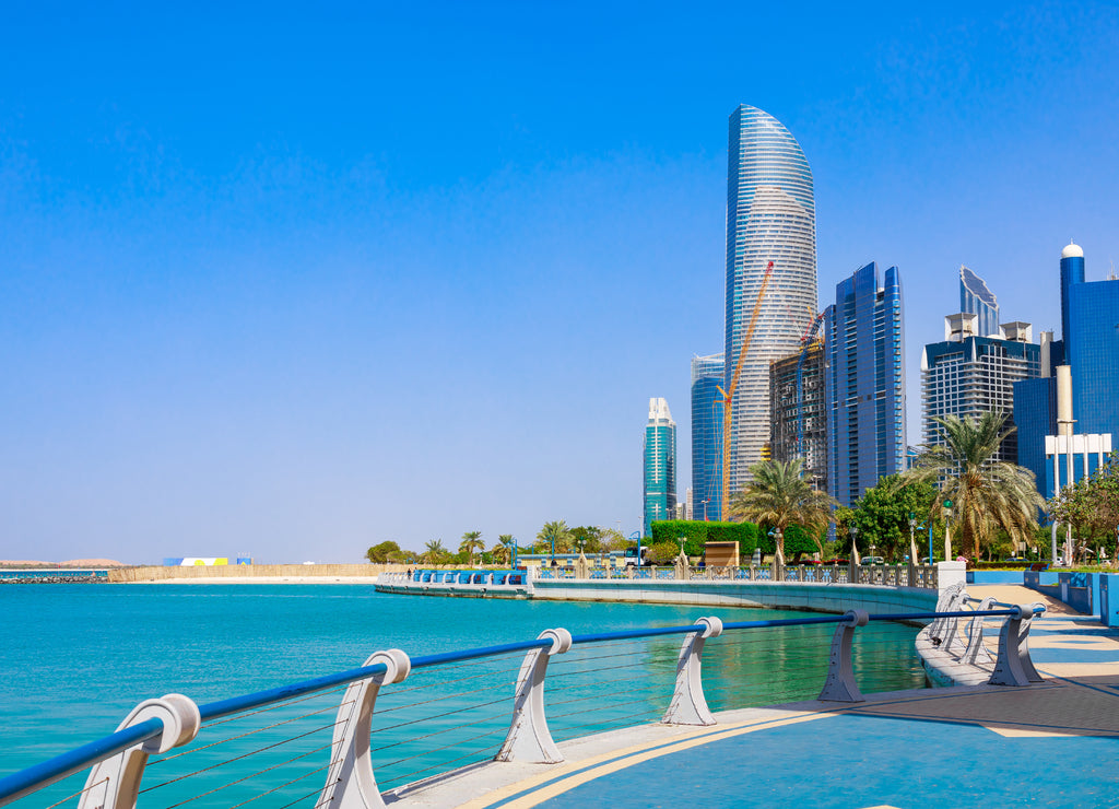 Skyline view of Abu Dhabi panorama with sea, beach and skyscrapers, United Arab Emirates