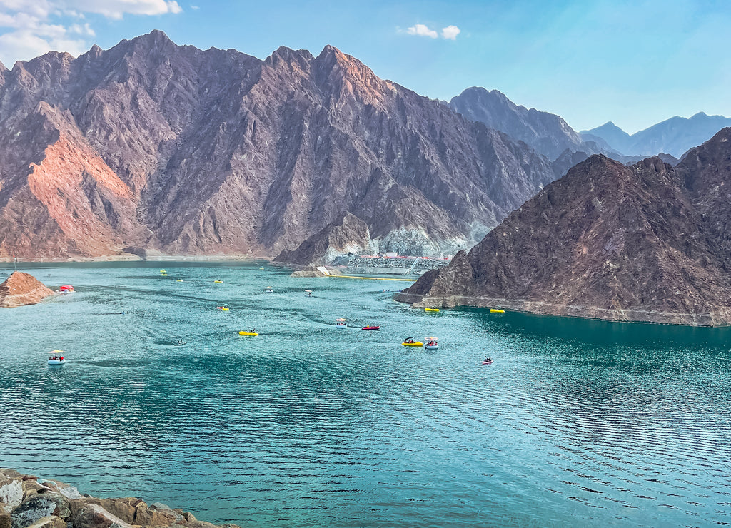 Hatta Dam Lake in mountains enclave region of Dubai, United Arab Emirates