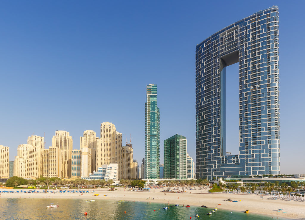 Dubai Jumeirah Beach JBR Marina skyline architecture buildings travel vacation in United Arab Emirates