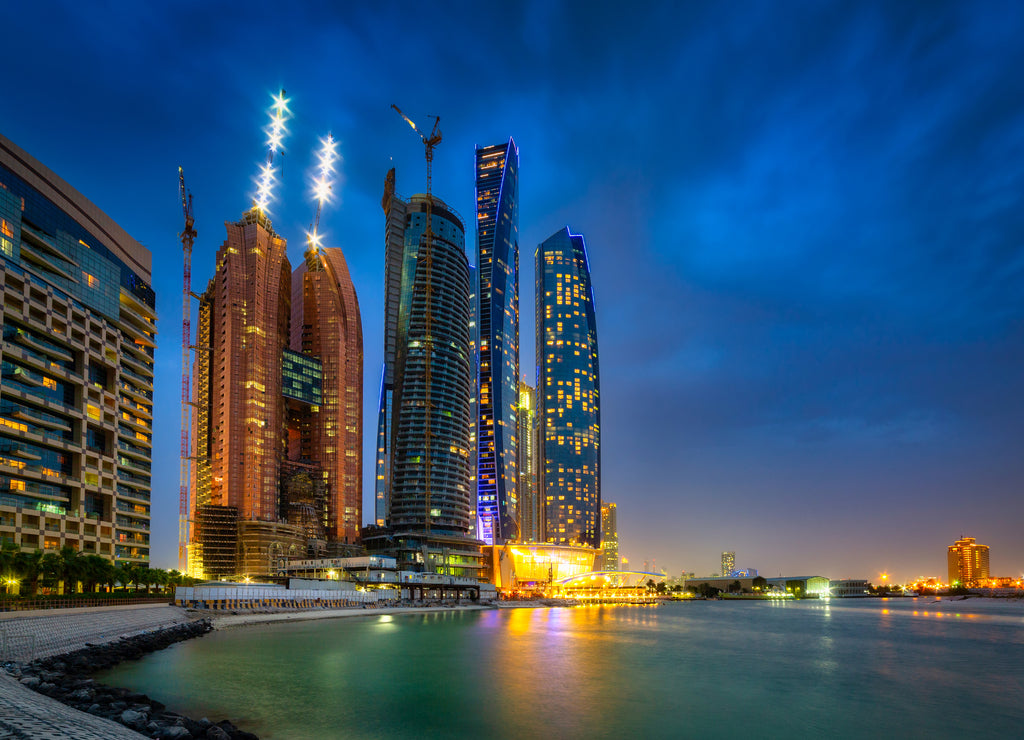 Cityscape of Abu Dhabi at night, United Arab Emirates