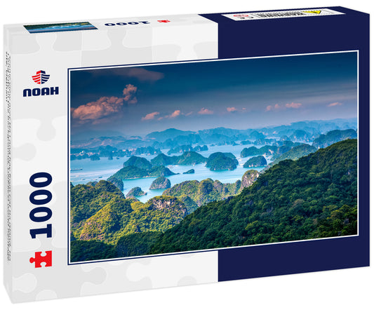 scenic view over Ha Long bay from Cat Ba island, Ha Long city in the background, UNESCO world heritage site, Vietnam