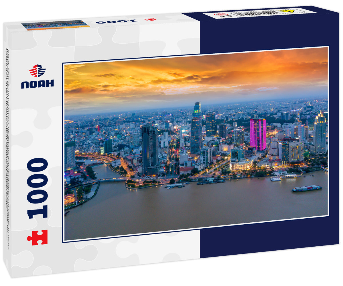 Aerial view of Ho Chi Minh City skyline and skyscrapers in center of heart business at Ho Chi Minh City downtown. Panorama of cityscape on Saigon river in Ho Chi Minh City at Vietnam at sunset scene