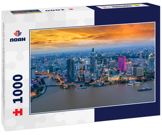 Aerial view of Ho Chi Minh City skyline and skyscrapers in center of heart business at Ho Chi Minh City downtown. Panorama of cityscape on Saigon river in Ho Chi Minh City at Vietnam at sunset scene