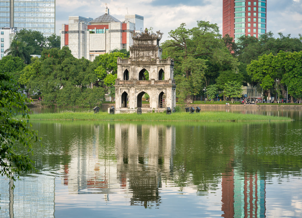 Turtle Tower (Thap Rua) in Hoan Kiem lake (Sword lake, Ho Guom) in Hanoi, Vietnam