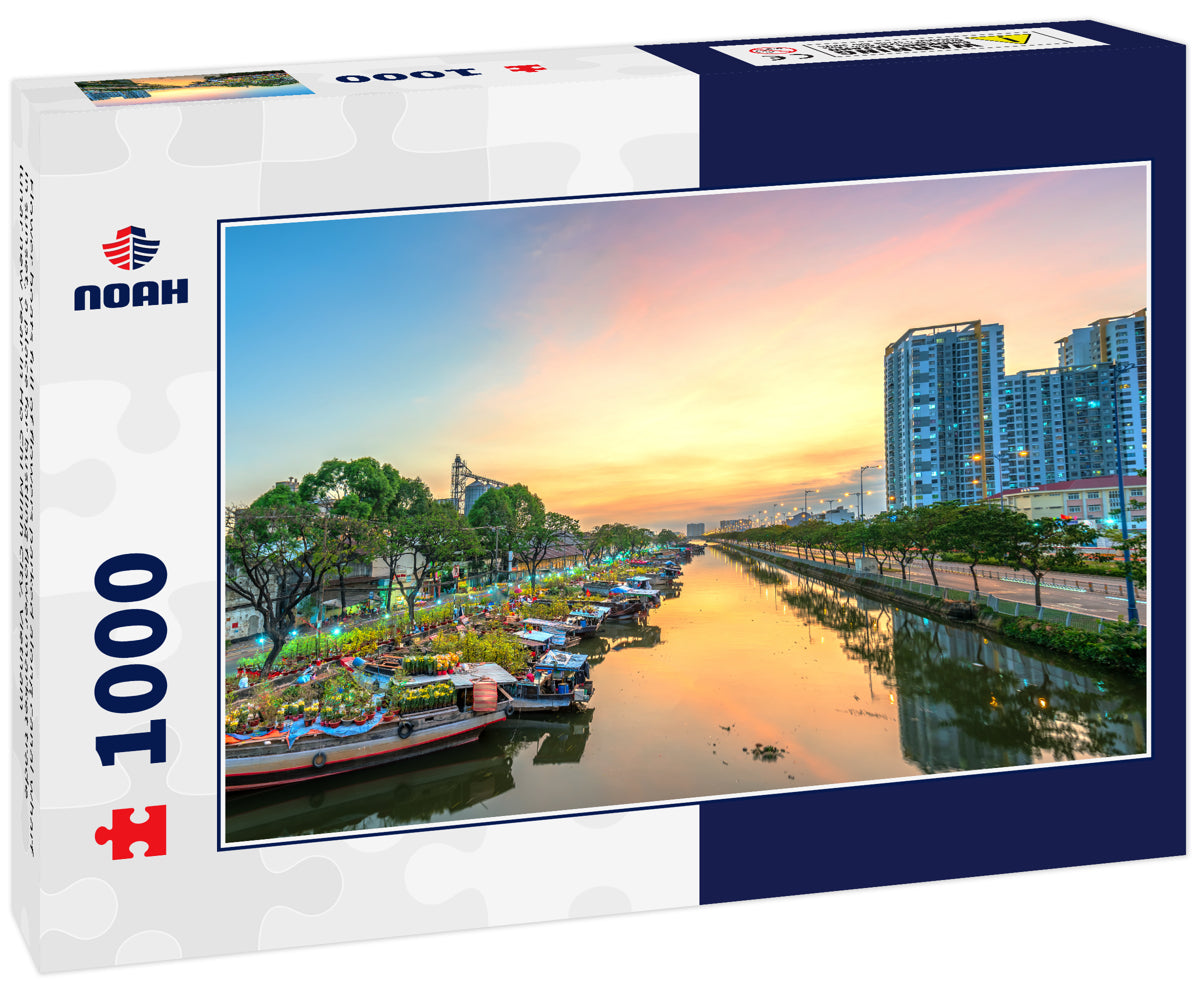 Flower boats full of flowers parked along canal wharf in sunset, a place for bustling flower market trade lunar new year in Ho Chi Minh City, Vietnam