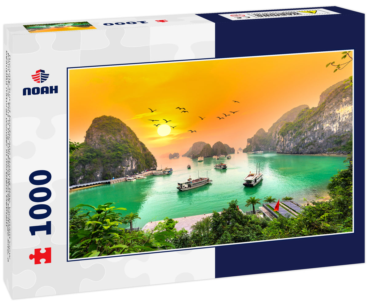 Dreamy sunset landscape Halong Bay, Vietnam view from adove. This is the UNESCO World Heritage Site, a beautiful natural wonder in northern Vietnam