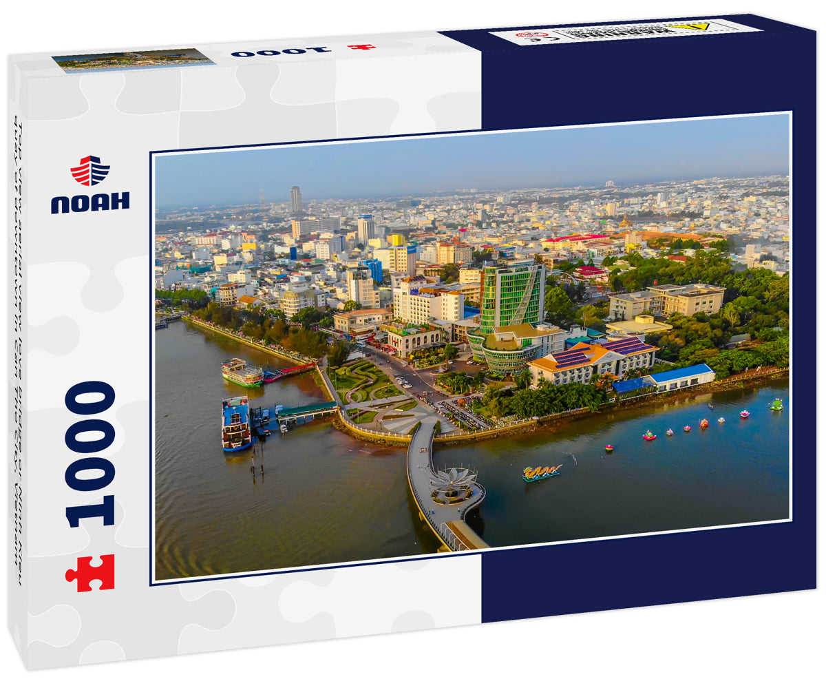 Top view aerial view love bridge or Ninh Kieu quay of downtown in Can Tho City, Vietnam