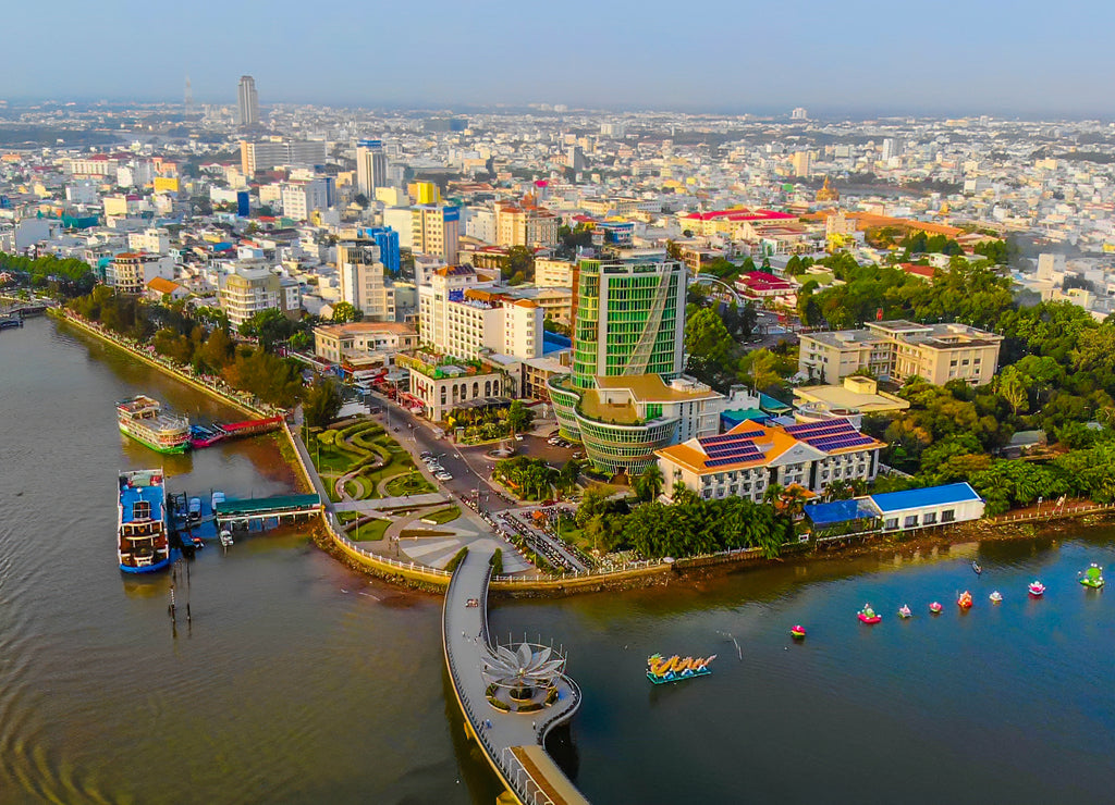 Top view aerial view love bridge or Ninh Kieu quay of downtown in Can Tho City, Vietnam
