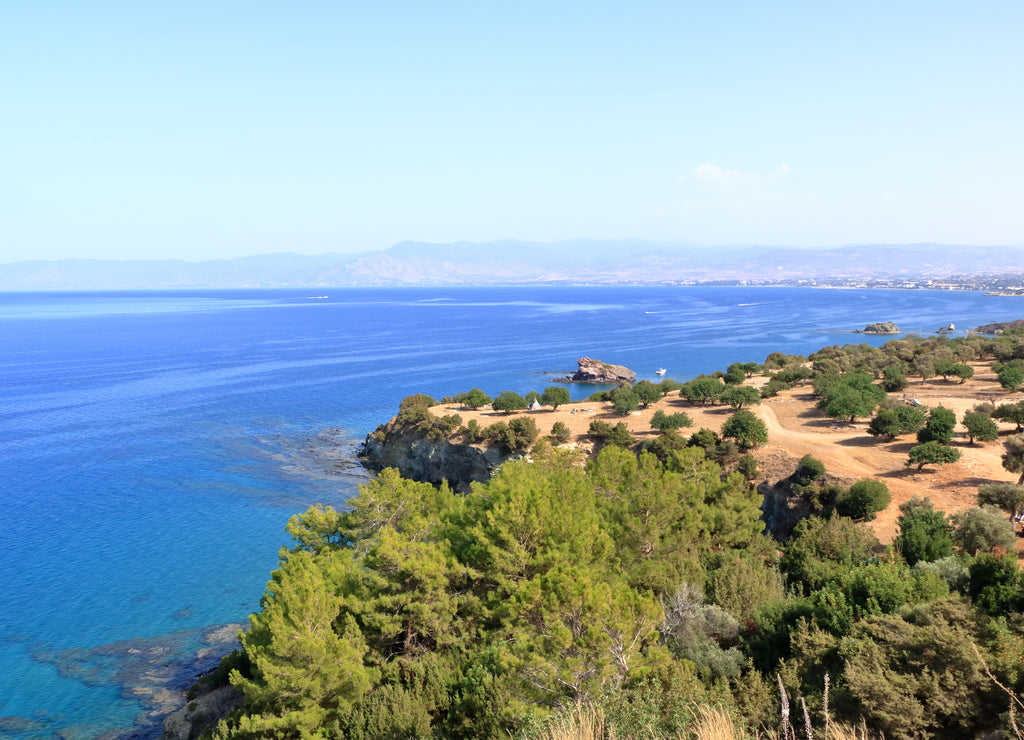 Looking across a campsite towards Latchi and Polis and the Troodos Mountains, Akamas Peninsula, Cyprus