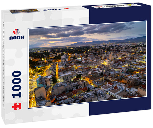 Aerial drone photograph of cityscape of Nicosia in Cyprus at sunset